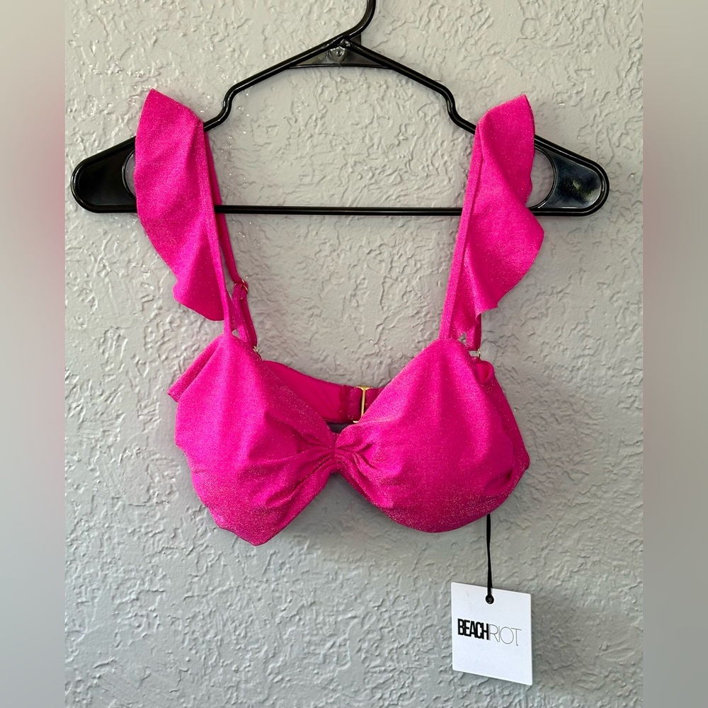 Beach Riot Hot Pink Ruffle Strap Bikini Top